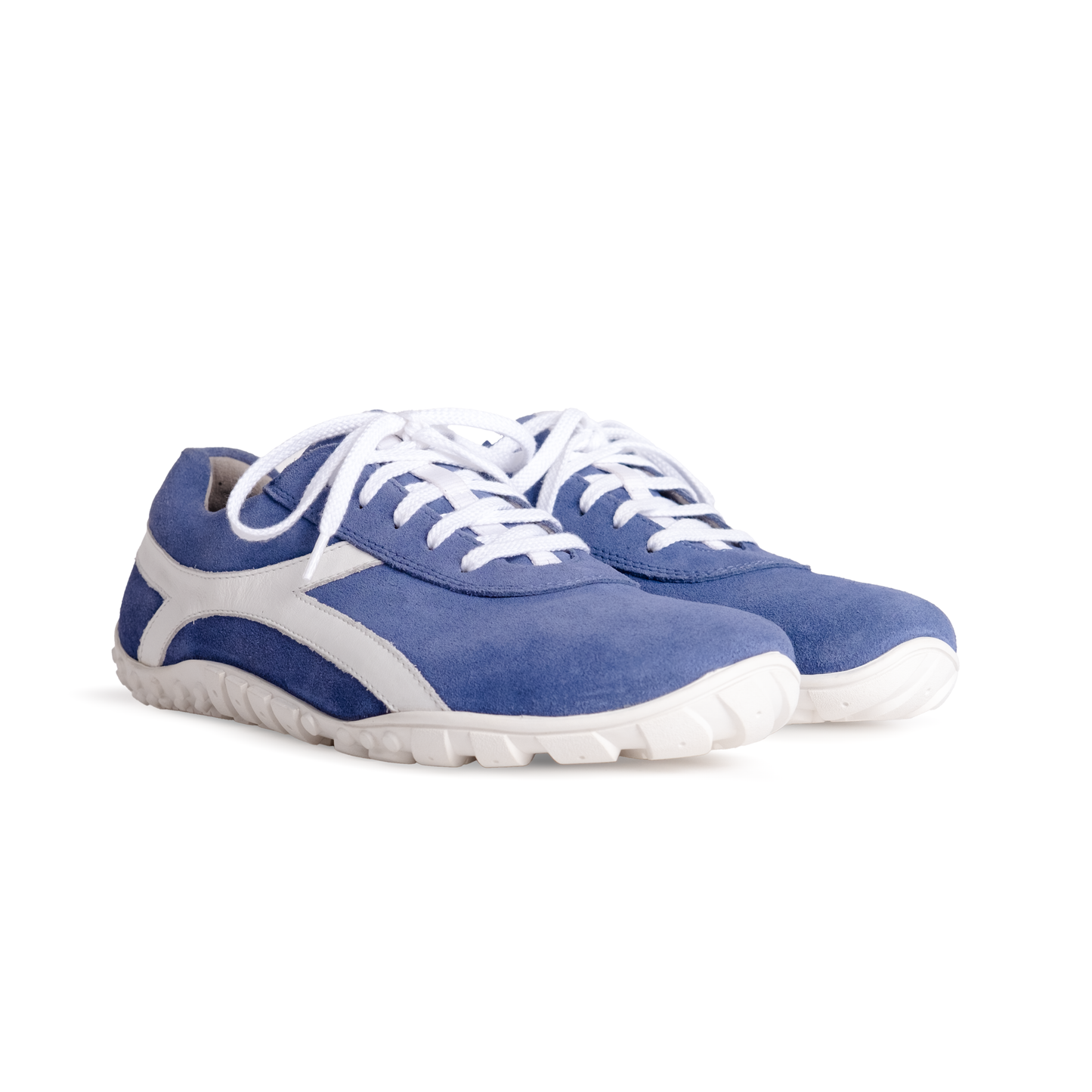 A pair of blue Bear NeXGen barefoot shoes with white laces and a textured white sole.
